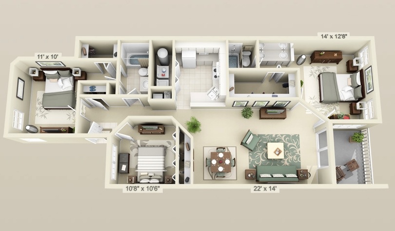 23 cool 3  bedroom  3d plans simplicity and abstraction 