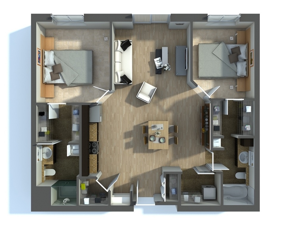 50 3D FLOOR PLANS, LAYOUT DESIGNS FOR 2 BEDROOM HOUSE OR APARTMENT  simplicity and abstraction