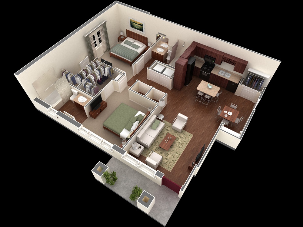 50 3D FLOOR PLANS, LAY-OUT DESIGNS FOR 2 BEDROOM HOUSE OR ...